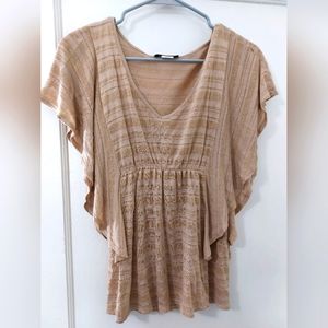 Vintage Gold Metallic Flared Short Sleeve V-Neck Ambiance Blouse. Size Medium.